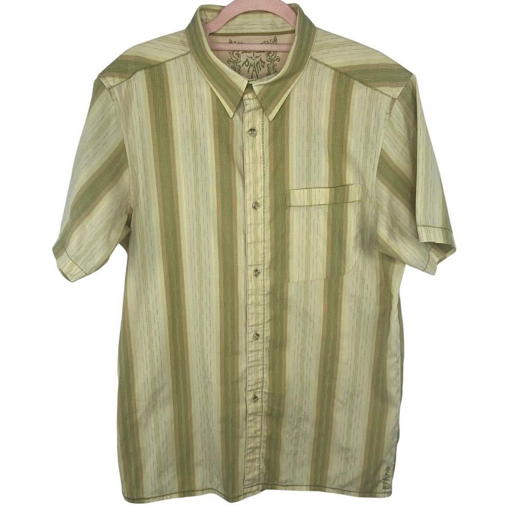 PRANA Breathe Short Sleeve Button-Down Shirt – Men's Large Striped Earth Tone